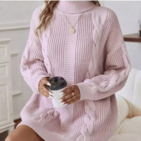. Dresses & Skirts - Baby Pink Casual Womens Turtleneck Cable Knit Drop Shoulder Sweater Dress